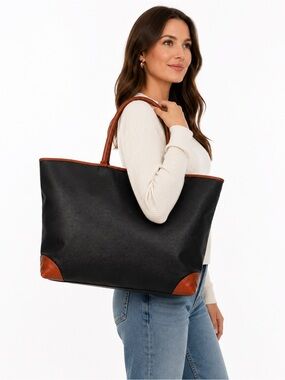 Bottega Veneta Tote PVC Black With Brown Leather-Trim Vintage Made In Italy!